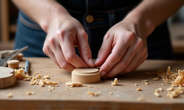Mains travaillant le bois avec des outils d'artisanat, ambiance chaleureuse et naturelle.