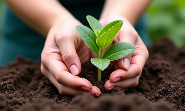Mains plantant une jeune pousse dans un sol riche, symbolisant le jardinage durable.