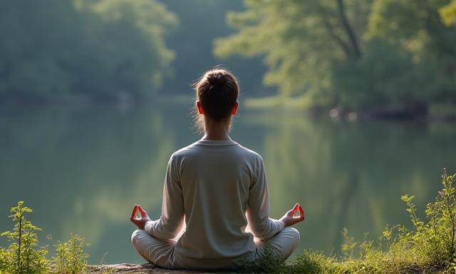 Personne en pleine nature méditant, les yeux fermés, un sentiment de paix.