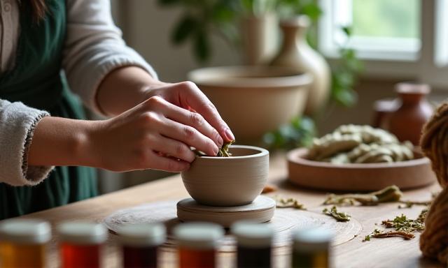 Personne travaillant sur un artisanat naturel lors d'un atelier